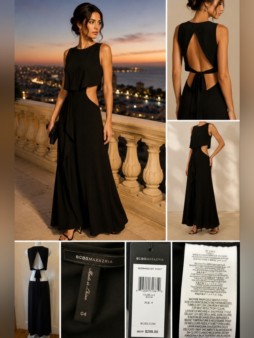 BCBG Max Azria NWT Black Cutout Maxi Dress Size 4 Open Back Formal Evening Gown - Picture 2 of 10